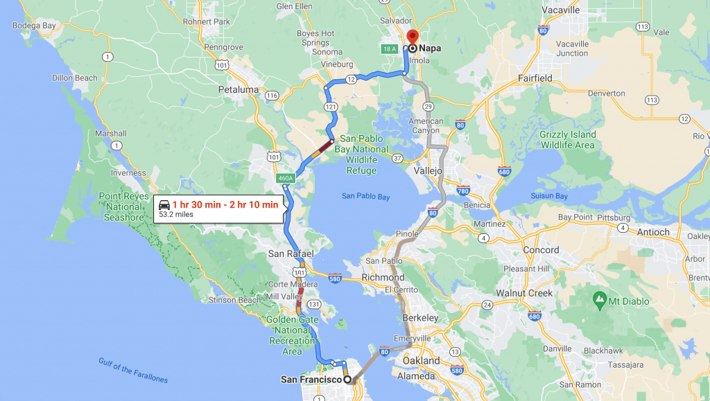 This is a map of what the commute from San Francisco to Napa looks like
